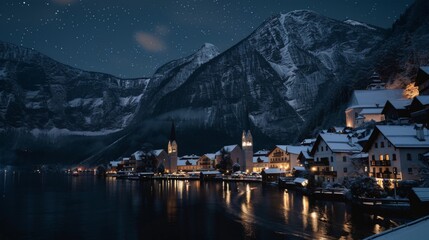 A winter night scene of a snow-covered village nestled between tall mountains beside a calm lake