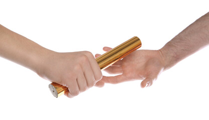 Man passing relay baton to teammate isolated on white, closeup