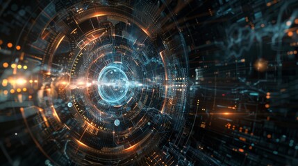 Fototapeta premium The image depicts a blue cybernetic tunnel with dynamic orange sparks, suggesting high-speed data transmission