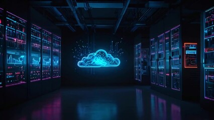 A dark room with rows of servers and a glowing blue cloud in the center. - Powered by Adobe