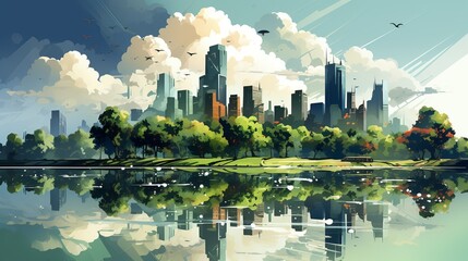 A city skyline dominated by skyscrapers with integrated AI systems for sustainability. Flat color illustration,