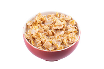 bowl of red morning cereal of cornflakes with sugar milk angle