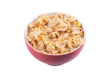 bowl of red morning cereal of cornflakes with sugar milk angle