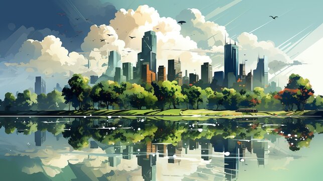 A city skyline dominated by skyscrapers with integrated AI systems for sustainability. Flat color illustration,