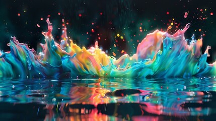 A vivid explosion of blue, green, yellow, pink, and orange paint against a dark background, frozen in mid-motion with bright splashes and drops extending in all directions.