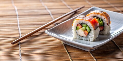 Sushi and rice on plate with chopsticks, sushi, rice, plate, chopsticks, Japanese cuisine, food, seafood, Asian, traditional