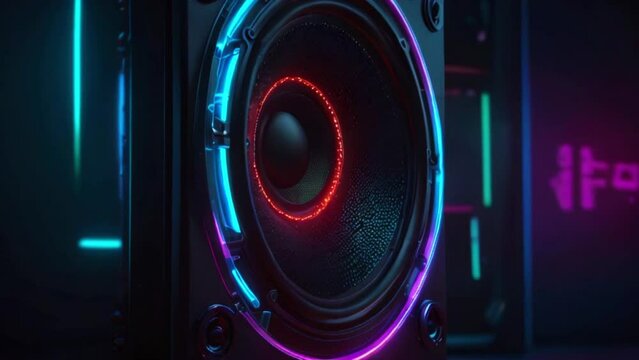 A glowing blue and pink speaker is shown in the center of the image, with a red circle in the middle of the speaker.