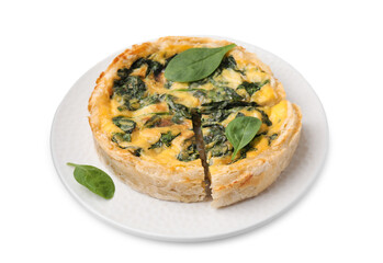 Delicious pie with spinach isolated on white