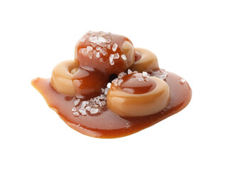 Yummy candies with caramel sauce and sea salt isolated on white