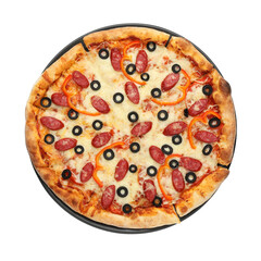 Tasty pizza with cheese, dry smoked sausages, olives and pepper isolated on white, top view