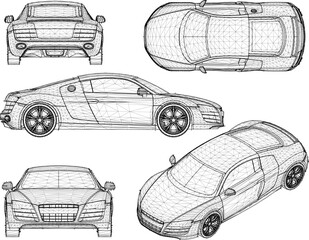 Vector illustration sketch of detailed design drawing of flat sports racing car for rich people