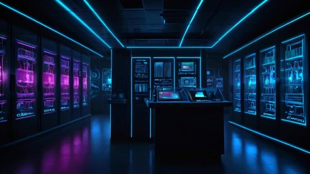 A dark room with blue and pink neon lights. There are rows of tall black cabinets with glass doors and bright lights inside them.