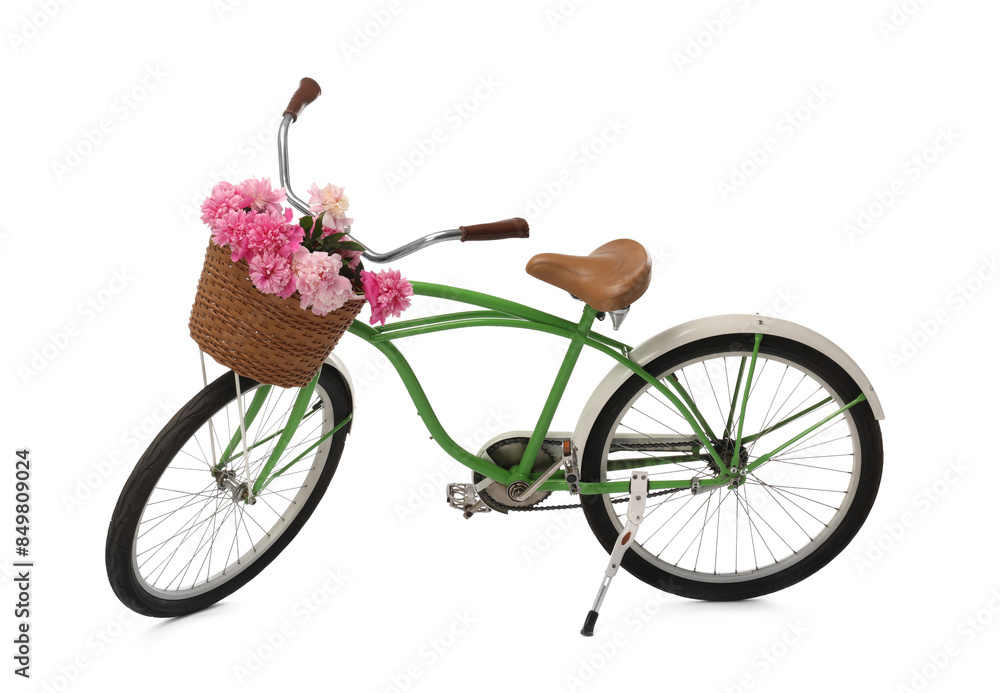 Wall mural bicycle with basket of pink peony flowers isolated on white