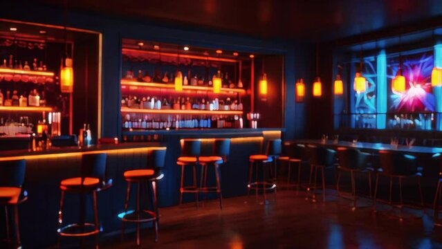 There is a bar with stools in front of it. There are bottles on shelves behind the bar. There is a blue light on the wall behind the bar.