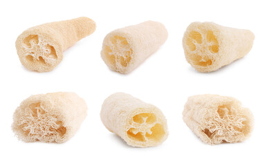 Natural loofah sponges isolated on white, set