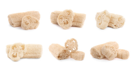 Natural loofah sponges isolated on white, set