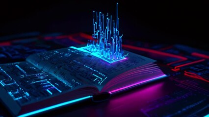 An open book with a glowing blue circuit board coming out of it.