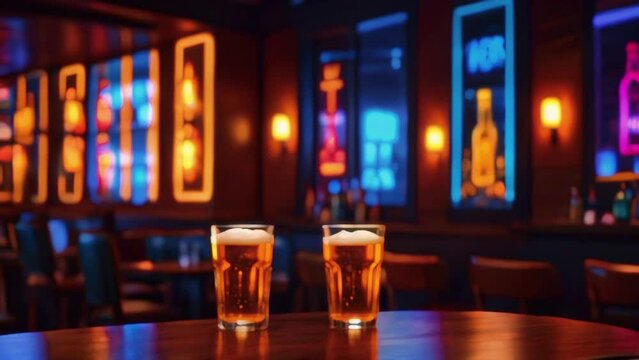 There are two full glasses of beer sitting on a bar with colorful lights in the background.