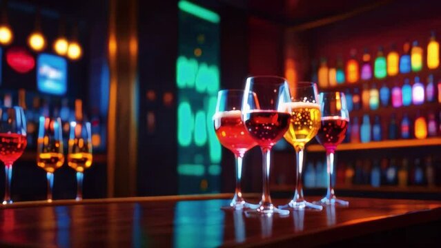 There are six full wine glasses sitting on a bar with multicolored lights in the background.