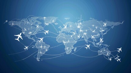 A stylized world map with dotted flight paths and airplane icons over a dark blue background