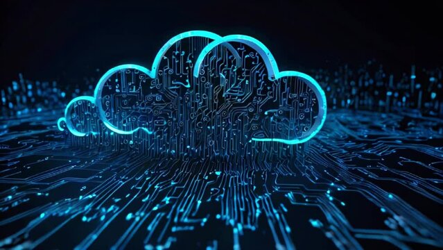 A glowing blue cloud with a circuit board pattern in the center, over a background of blue circuit board lines.