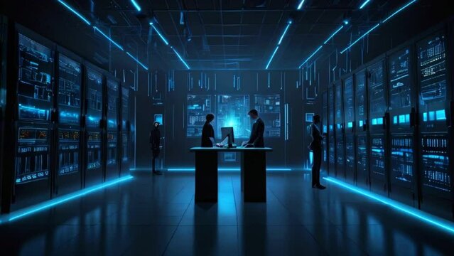 A futuristic data center with glowing blue lights and people in the distance.