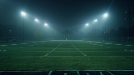 An atmospheric shot of a football stadium filled with fog at night; lights illuminate the playing field and yard markers