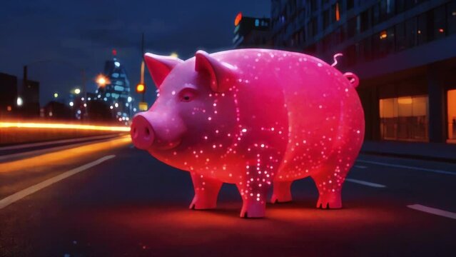 A pink neon pig is standing in the middle of a busy road at night.