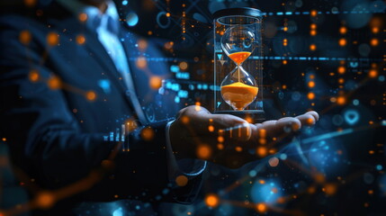 businessman hold hourglass on hand, time countdown, clock with sand, hologram data graph