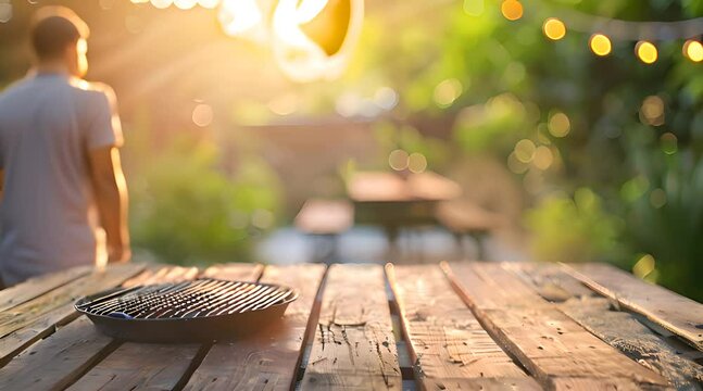 Summer time in backyard garden with grill BBQ, wooden table, blurred background perfect for content on outdoor activities, summer parties, BBQ recipes, and garden gatherings.