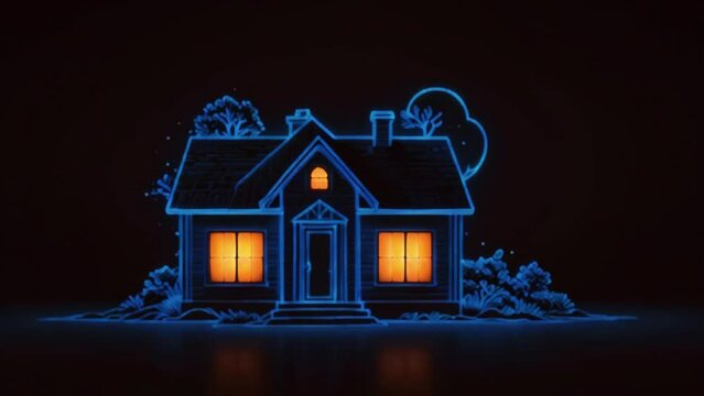A blue wireframe house with a door and two windows glows against a black background.