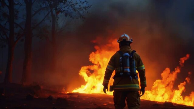 A firefighter is standing with their back turned to the camera in front of a raging forest fire.