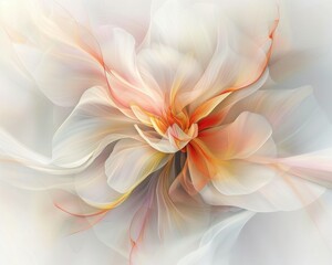 Fototapeta premium Elegant abstract flower, petals in soft hues of white, peach, and orange, flowing gracefully in a dreamy, ethereal composition against a light background.