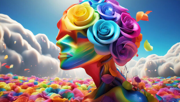 Surreal human face with rainbow-colored skin and a crown of multicolored roses