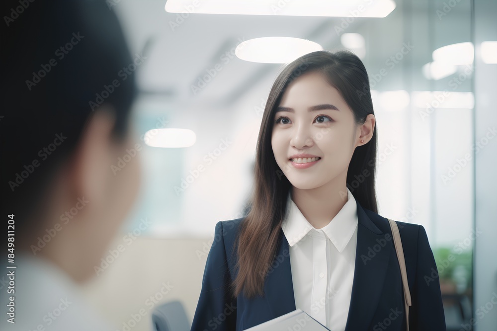 Wall mural asian business woman talking to her colleague in the office. business concept.