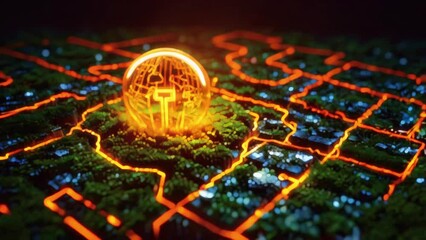 A glowing orange sphere hovers over a dark circuit board.