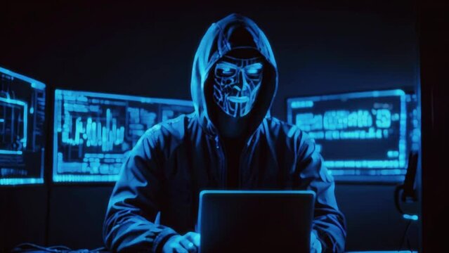 A person wearing a dark hoodie and a skull mask is sitting in front of three computer screens.