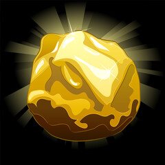 Shiny large natural gold nugget on a dark background. 
Vector illustration of a gold nugget with a natural uneven shape and a shiny surface. Mining, investment in precious metals, jewelry