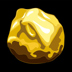 Large natural gold nugget on black background. 
Vector illustration of a gold nugget with a natural uneven shape and a shiny surface. Mining, investment in precious metals, jewelry