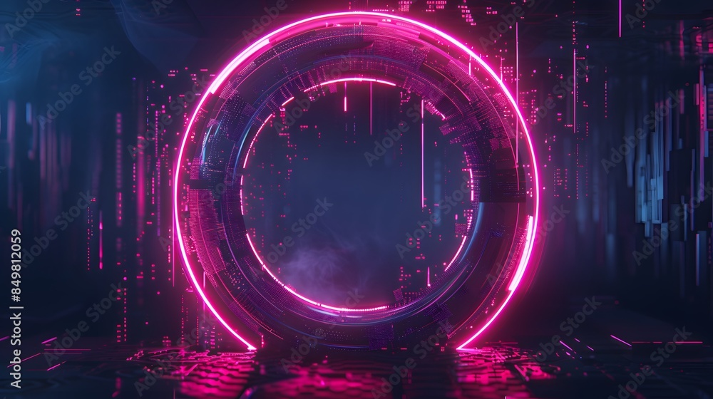 Poster glitch circle. distorted glowing circle cyberpunk style. futuristic round shape with tv interference
