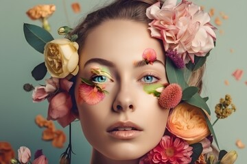 Portrait of beautiful young woman with flowers in her hair. Fashion shot.