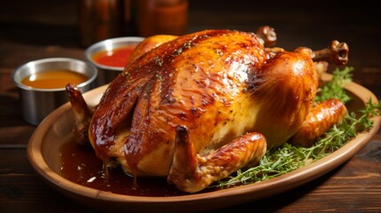 High-quality image of succulent roasted chicken placed on a wooden plate with sauces
