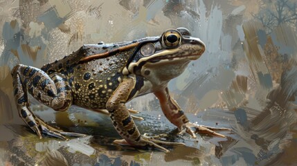 Fototapeta premium A creative illustration of a frog with artful texturing and a dynamic backdrop evoking a sense of movement and depth