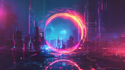 Fototapeta premium Glitch circle. Distorted glowing circle cyberpunk style. Futuristic round shape with TV interference effect. Design for promo music events, games, web, banners, backgrounds. 