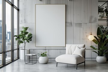 Mockup of blank wall with poster in office room created with Generative AI