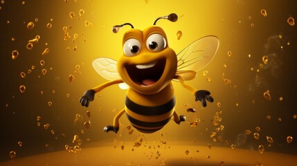 An adorable 3D animated bee with a big smile splashes in honey, emphasizing delight and sweetness