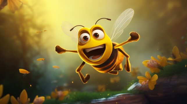 A cheerful 3D animated bee flies amidst a lush forest setting with magical lighting and flowers