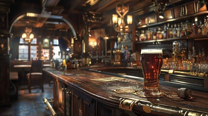 Traditional English pub with dark wood and brass details, pint of ale on the bar, cozy and inviting