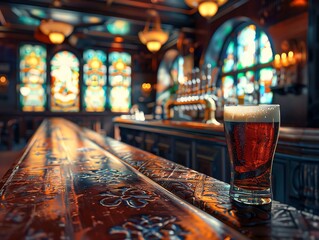 Traditional Irish pub interior with dark wood, stained glass, and a pint of dark ale on the bar