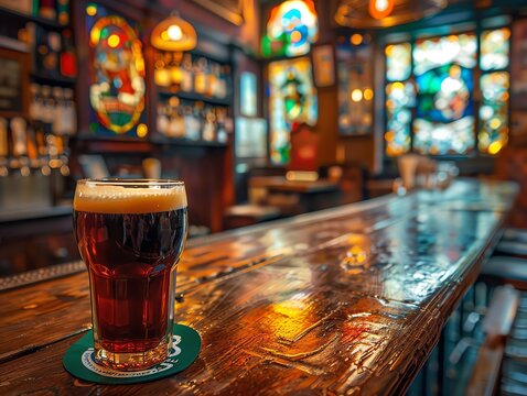 Traditional Irish pub interior with dark wood, stained glass, and a pint of dark ale on the bar